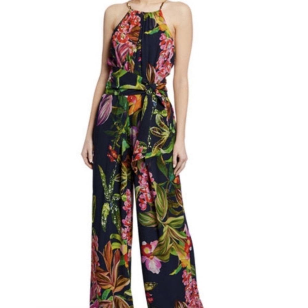 Trina Turk 100% Silk Jumpsuit M Tropical Floral Halter Gold Chain Wedding Guest